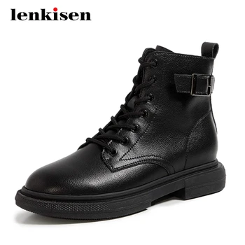 

Lenkisen new arrival motorcycle boots buckle decorations fashion round toe thick med heel zipper neutral coolest ankle boots L25