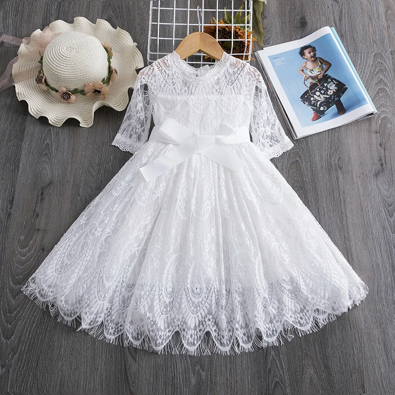 Белое кружевное платье для девочек элегантное платье принцессы зимняя повседневная одежда с длинными рукавами праздничные Детские платья для девочек от 3 до 8 лет