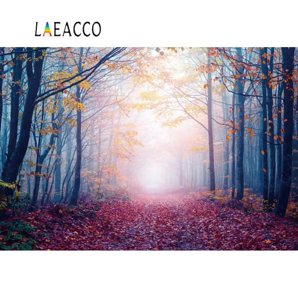 Laeacco фон для фотосъемки осеннее утро туманное темное дерево упавшие листья путь