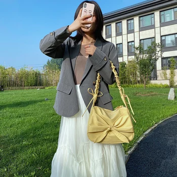 

Pleated Handle Tote Bowknot Crossbody Handbag Casual Nylon Women Shoulder Bags Fashion Exquisite Shopping Bag