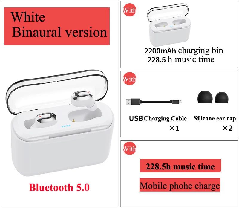 TWS беспроводные Bluetooth наушники 5,0 TWS 3D стерео Bluetooth гарнитуры мини наушники с зарядным устройством - Цвет: Binaural White