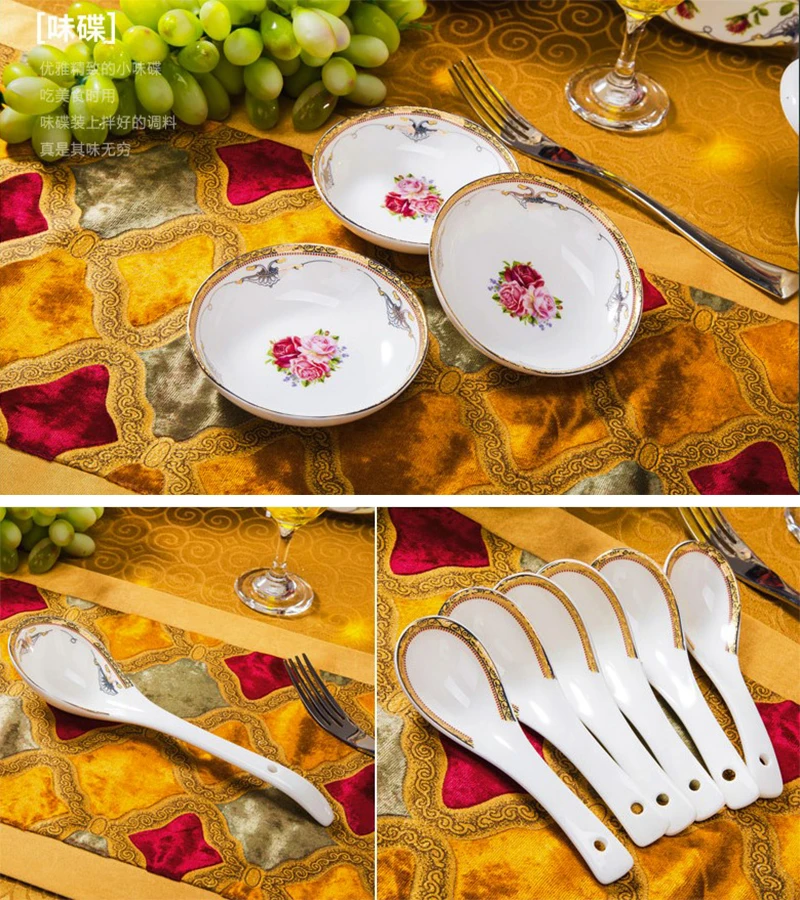 60pcs Flower Style Glazed Jingdezhen Bone China Porcelain Bowl and Dish Plate Set Dinnerware Tableware Set