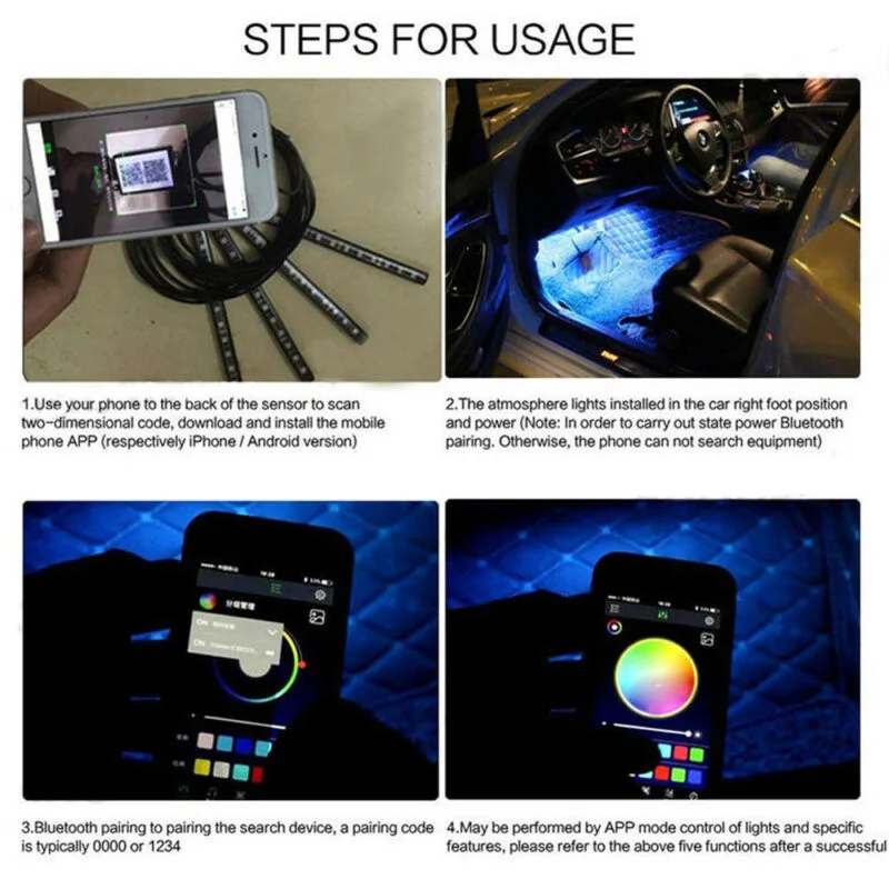 4 шт., 12 В, автомобильный интерьерный светодиодный RGB многоцветный светильник, Полоска, атмосферный телефон, приложение для управления музыкой, комплект, декоративный светильник для салона автомобиля, полоса