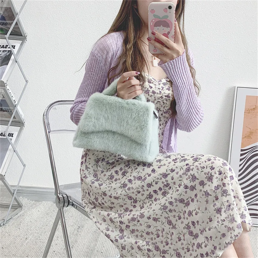 Female Mink Leather Solid Color Plush Casual Lady Handbag Shoulder Fashion Exquisite Shopping Bag_voghion.com