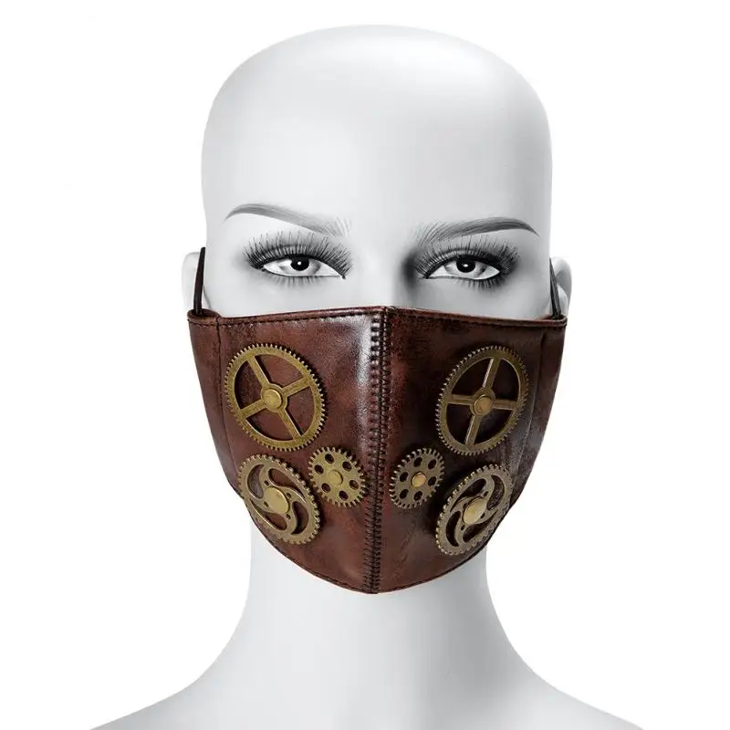 

Halloween Cosplay Face Mask Unisex Steam Punk Style Sun Wind Blocked Synthetic Leather Brown Bandage Gear Decorated Dust Mask