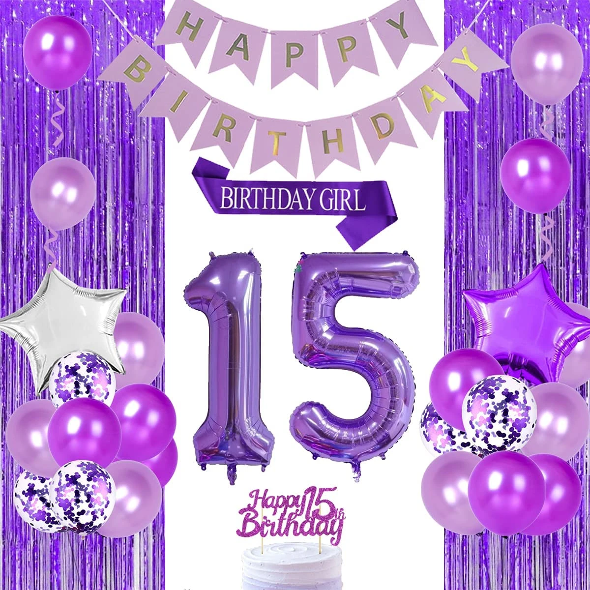 Agente Quien sábado Decoraciones para fiesta de cumpleaños de 15 ° para niñas, pancarta de  decoración para pastel de feliz cumpleaños, banda púrpura, Número 15,  globos de aluminio de estrellas|Globos y accesorios| - AliExpress