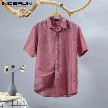 

INCERUN Summer Men Casual Shirt Button Solid Color Short Sleeve Lapel Brand Shirts Streetwear Breathable Harajuku Blouse S-3XL