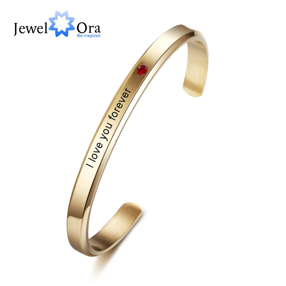 

JewelOra Personalized Stainless Steel ID Bracelet with Custom Birthstone Engraved Name Bar Cuff Bracelets for Women Xmas Gifts