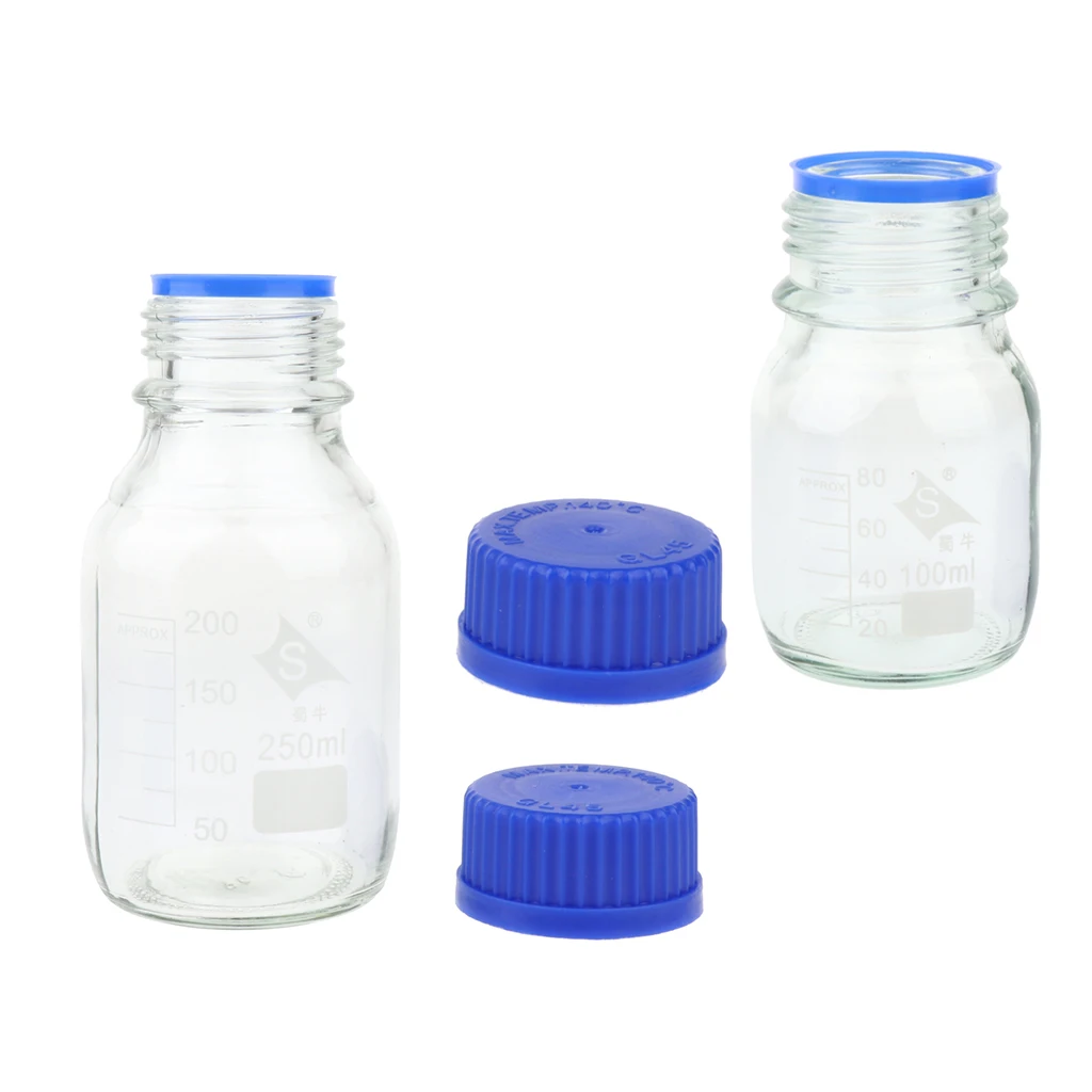 2 Pcs Reagent Storage Bottle Clear High Hardness Glass Graduated Screw Cap 250/100ml