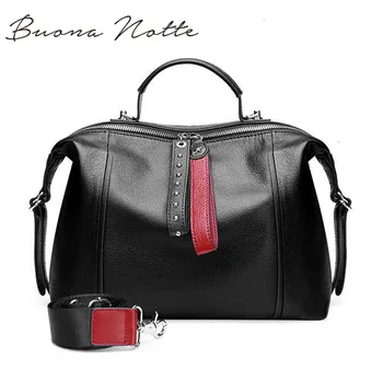 

New Cowhide Messenger Bag Rivets Genuine Leather Black Women Handbag Fashion British Boston Bag Casual Tote Lady Shoulder Bags