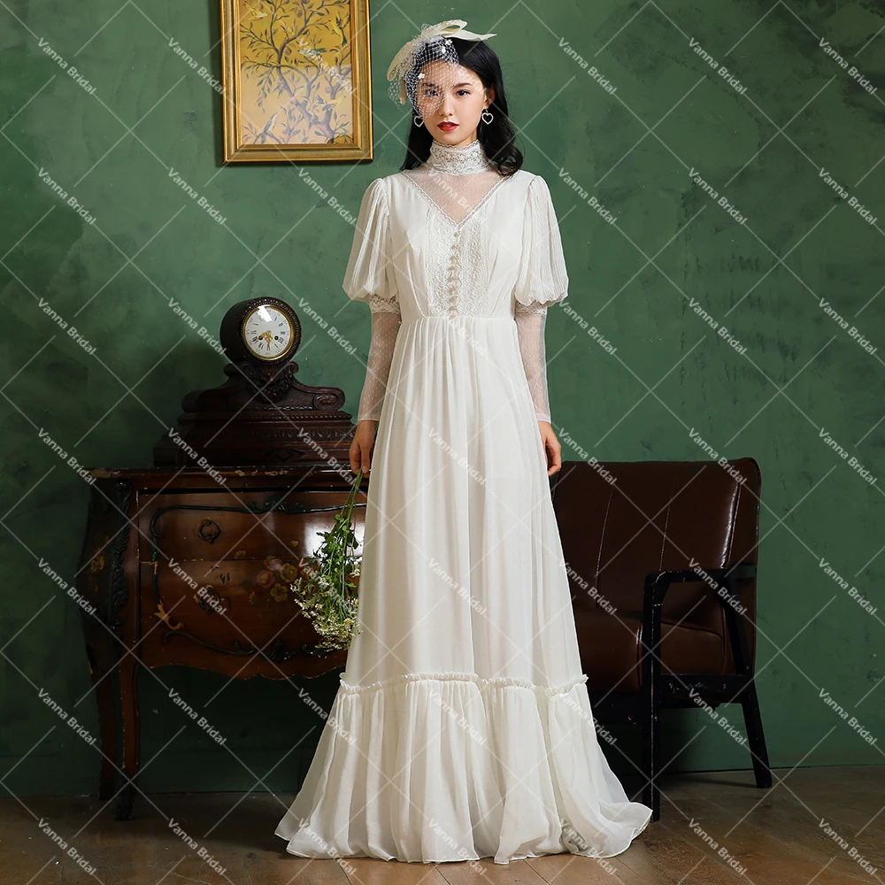 Victorian High Neck Chiffon A Line Bridal Gown Pearl Customized Long Lantern Sleeve Lace Plus Size Pleats Muslim Wedding Dress 4