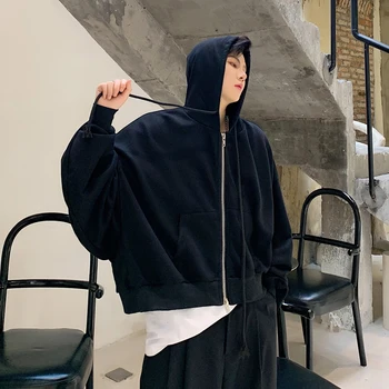

Men Bat Sleeve Loose Casual Zipper Hooded Sweatshirt Coat Male Women Streetwear Hip Hop Gothic Short Hoodie Jacket Outerwear