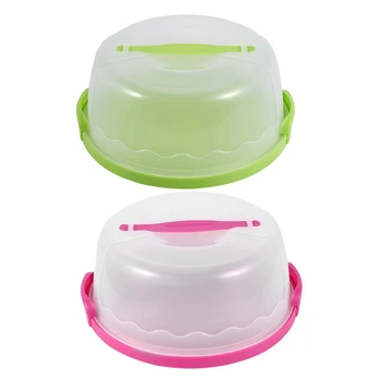 

2x Round Cake Carrier Handheld Plastic Pastry Storage Holder Dessert Container Cover Case Green & Purple