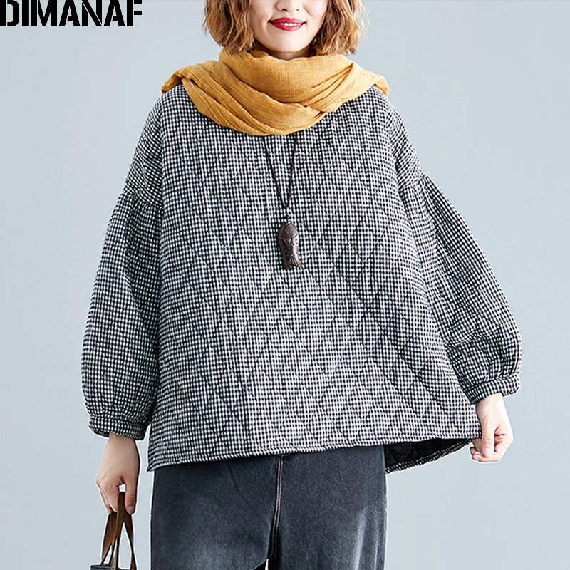  DIMANAF Plus Size Women Pullover Tops Autumn Winter Thick Cotton Clothing Loose Oversize Vintage Pl