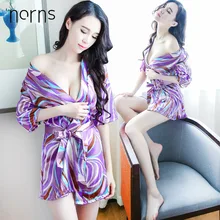 Norns сексуальное шифоновое белье Искушение Большой размер пижамы печать на прозрачной поверхности кимоно халат набор