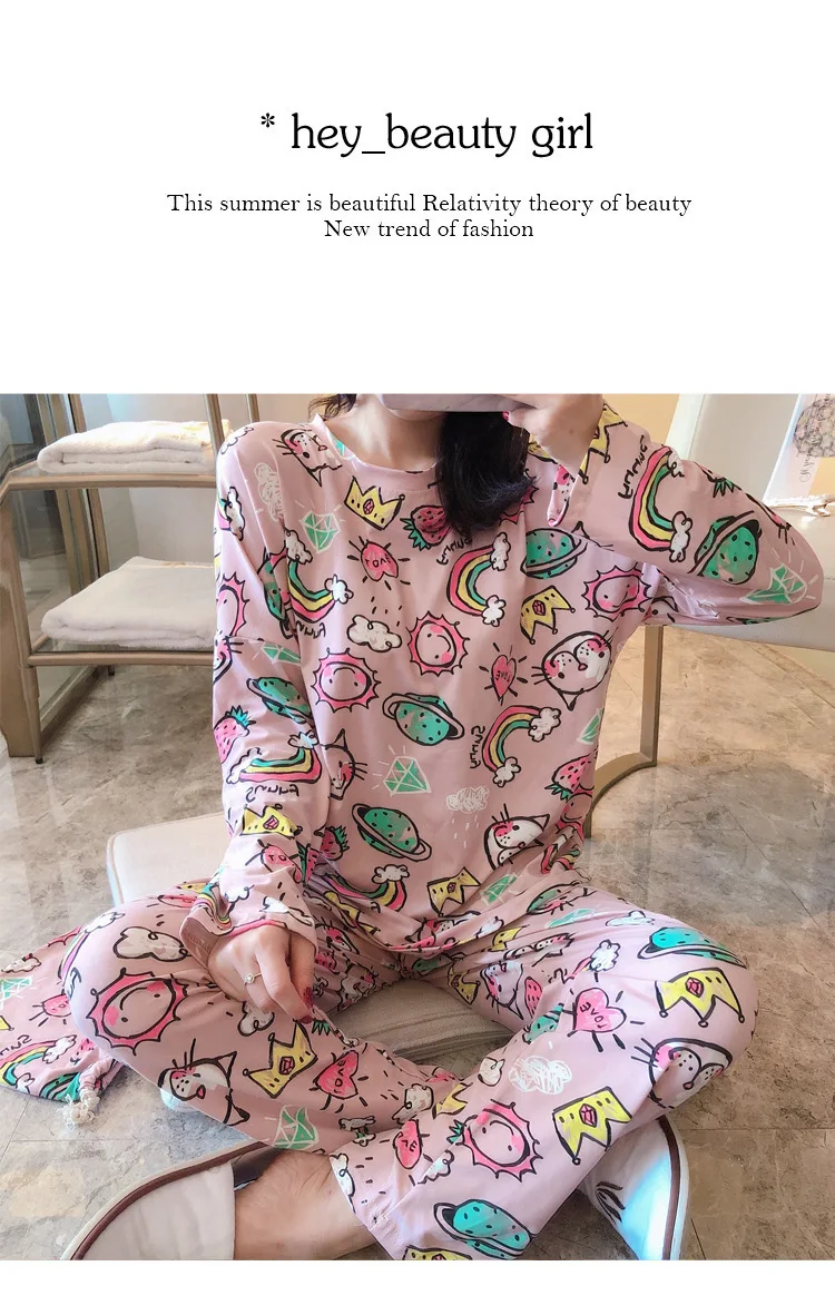 Хлопковый Пижамный комплект для сна для женщин, модный осенний пижамный комплект с принтом, пижама с длинными рукавами, брюки, две бумажные пижамы, Pj