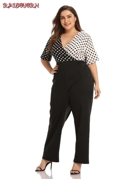 

RAISEVERN Women's Jumpsuits Polka Dot Short-Sleeved Deep V Neck Pathwork Long Jumpsuit Rompers Women Black Jumpsuit Overalls