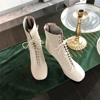 

Plus size 33-43 women's genuine leather lace-up high heel ankle boots elegant ladies thin high heel short booties autumn shoes