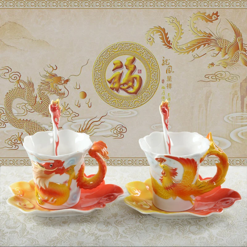 Кофейные кружки с эмалированным драконом Феникс чашки для чая блюдцем