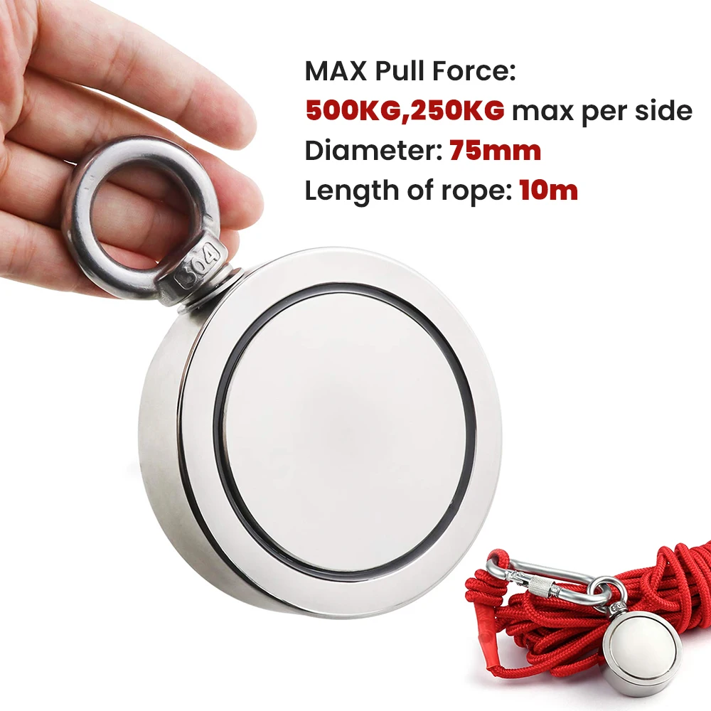 500KG Sea Fishing Kit Double Sided Round Neodymium Magnet Detector 10M Rope SS 
