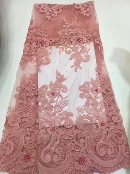 

New Arrival Pink African Embroidered Mesh Laces Beaded High Quality French Tulle Lace Fabric For Nigerian Wedding ZX32471