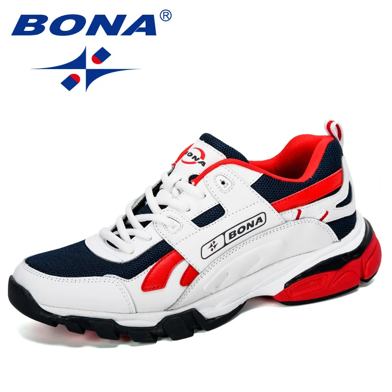 BONA новые дизайнерские мужские кроссовки Мужская Спортивная обувь Атлетическая для активного отдыха красная теннисная обувь мужская беговая Обувь - Цвет: White deep blue red