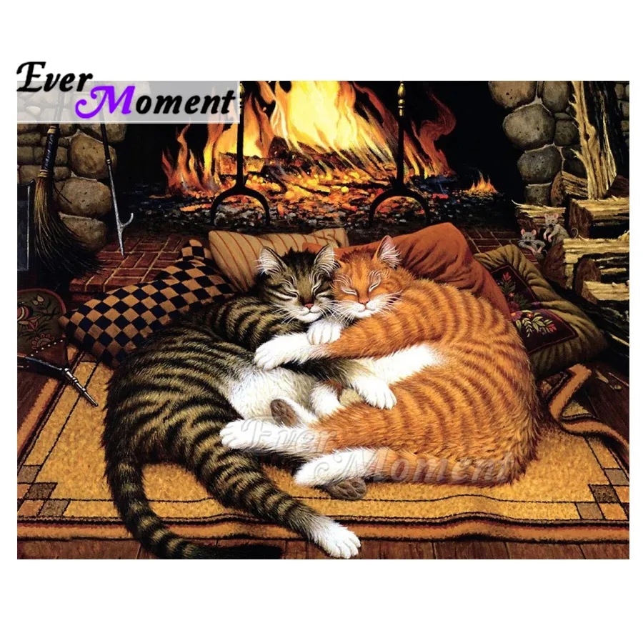 Ever Moment Diamond Painting Cats Hugging Fire Fireplace Full Square Mosaic Picture Of Rhinestone Embroidery S2F2327 | Дом и сад