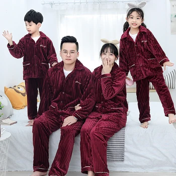 

Family Matching Pajamas Sets Flannel Fur Warm Shirt for Father Mom Kids Clothes Wine Red Velvet Mommy and Me Clothes Pyjamas