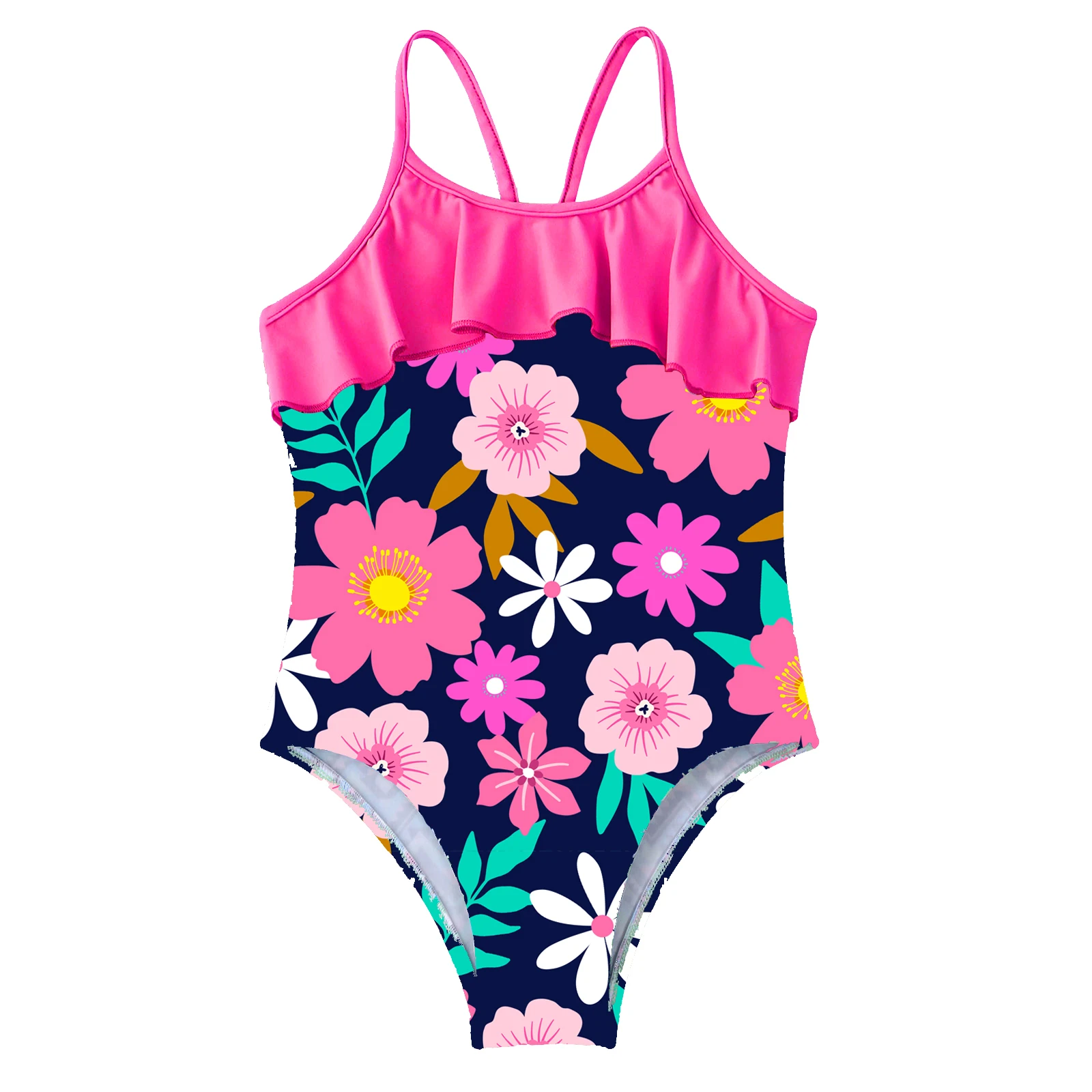TiaoBug Summer 4 To 16 Years Kids Girls One-Piece Swimsuit Leotard Straps Hollow Out Ruffle Trim Bodysuit Beach Swimwear