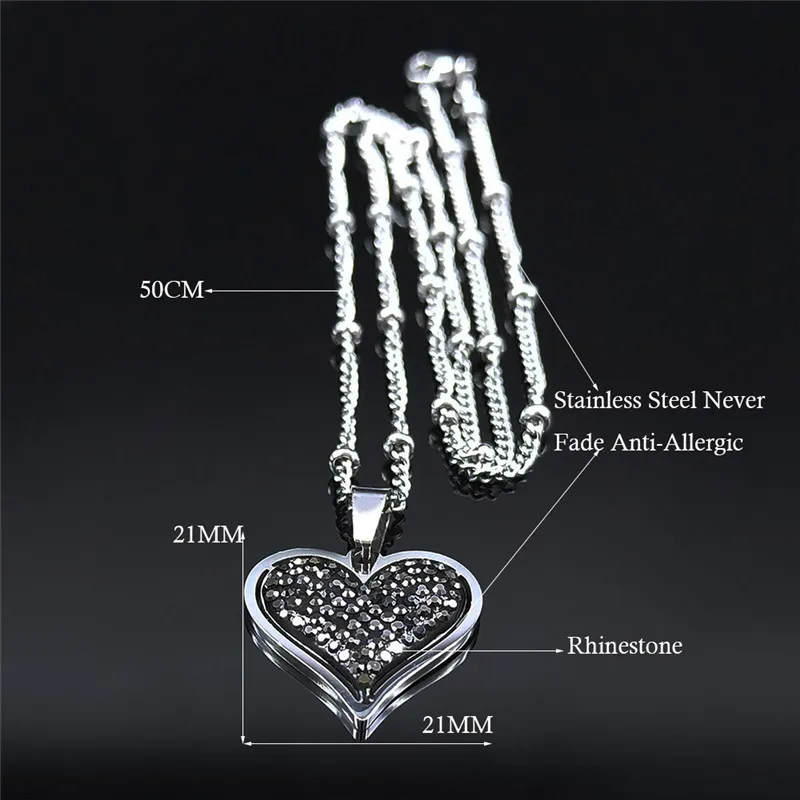Heart Black Crystal Stainless Steel Pendant Necklace Women Silver Color - Image 6