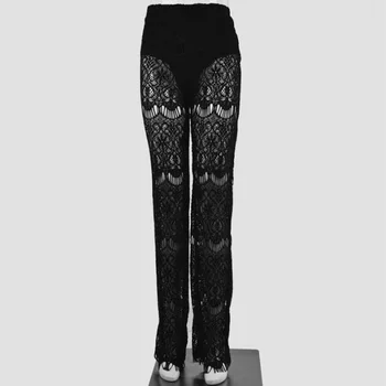 

Sexy Black Sheer Lace Pants Women Elastic Waist Hollow Out See Through Floral Lace Long Trouser Transparent Club Party Pants