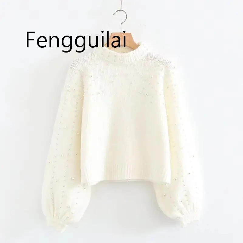 FENGGUILAI Pearl Turtleneck Autumn Winter Knitted Sweater Women Lantern Sleeve Loose Solid Pullover Girls Soft Warm Casual Jumpe FENGGUILAI Pearl Turtleneck Autumn Winter Knitted Sweater Women Lantern Sleeve Loose Solid Pullover Girls Soft Warm Casual Jumpe