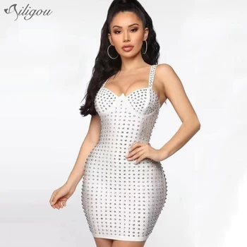 

Ailigo 2020 New Summer Naked Girl Beaded Bandage Dress Sexy Spaghetti Belt Club Celebrity Party Runway Party Dress Vestidos