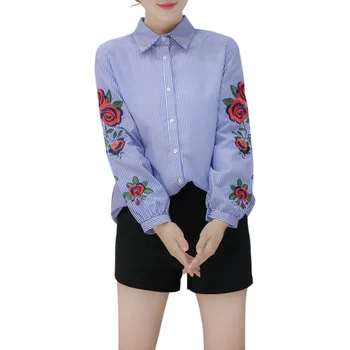 

Women Long Sleeve Floral Embroidered Striped Blouse Casual Summer Elegant plus size Shirts Tops Blusas