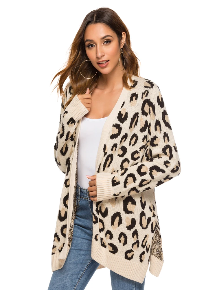 

Raysense Plus Size Women Leopard Pattern Cardigans Outwear Casual LeisureLong Sleeve Knitted Cheetah Fashion Sweater Coats