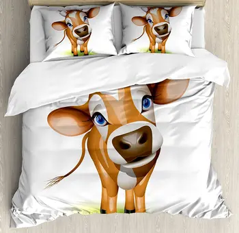 

Baby Duvet Cover Set Digitally Composed Cow with Beautiful Captivating Eyes Livestock Bedding Set Cinnamon Royal Blue Green