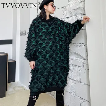 

simple Women Green Tassels Split Big Size Dress New Round Neck Long Sleeve Loose Fit Fashion Tide Spring Autumn 2020 1R435