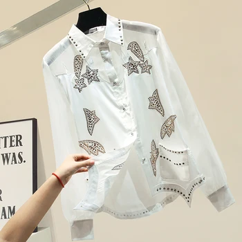 

2020 Spring Summer New Hot Drilling Long-Sleeve Chiffon Shirt Women's White Shirts Womens Tops and Blouses Blusas Mujer De Moda