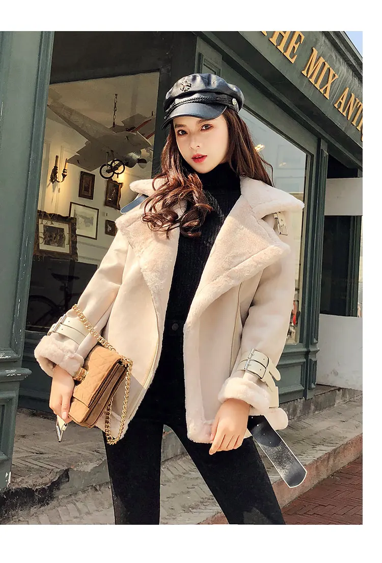Winter Coat Suede Leather Faux Fur Jacket Women Plus Size 5XL Hot Fashion Thicken Warm Zipper Motorcycle Jackets Casual Overcoat - Цвет: apricot