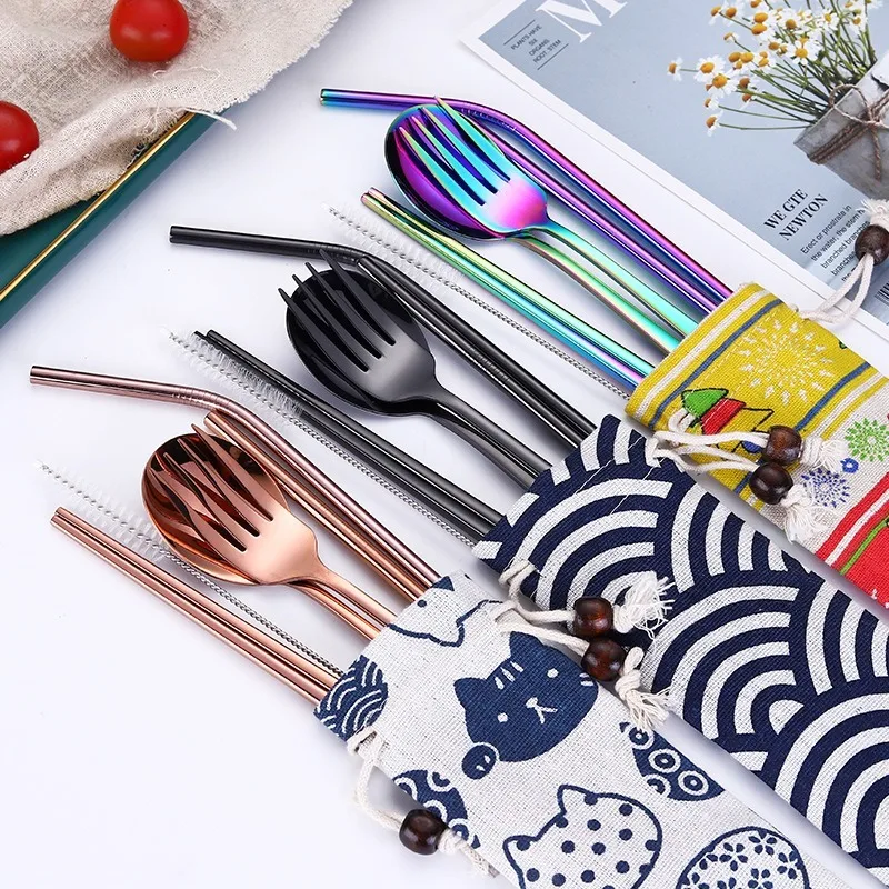 6Pc/set Creative Stainless Steel Cutlery Set Spoon Fork Chopsticks Straw Brush Color Linen Bag Set Korean Spoon Fork Straw Set