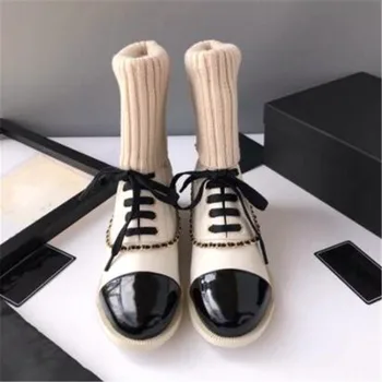 

Sock Ankle Boots Women Autumn Winter BootS Lace Up Round Toe Women Shoes Knitted Chain Short Boots Elastic Slim Ladies Shoes