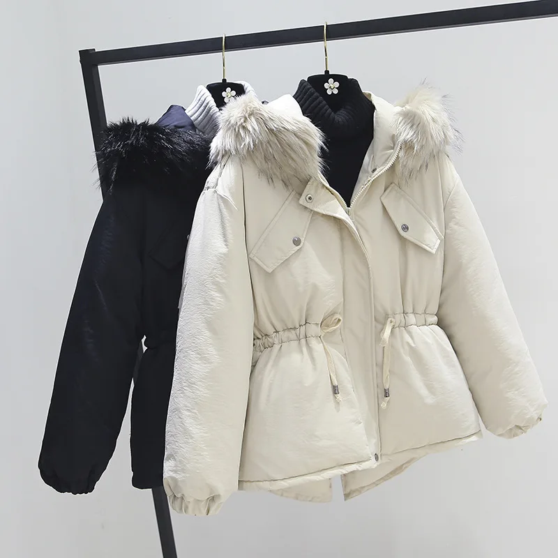

Korean-style WOMEN'S Wear 2019 Autumn & Winter New Style Fur Collar Drawstring Waist Hugging Hooded Cotton Overcoat Women's