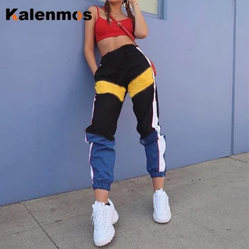 

KALENMOS Women High Waist Pencil Pants Patchwork Streetwear Cargo Loose Jogger Trousers Sweatpants Tracksuit Punk Streetwear