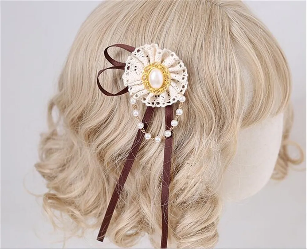 Details about   Lolita Sweet Brown Hair hoop Lace hairpin Cute Side clip Bow Headdress Headband 