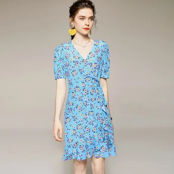

100% Silk Women's Runway Dresses V Neck Short Sleeves Floral Printed Ruffles Fashion Short Summer Dresses