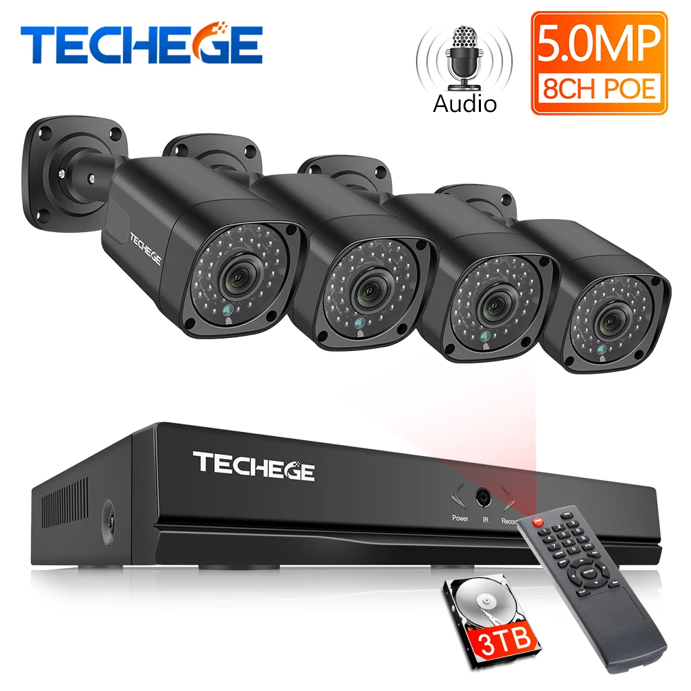 

Techege 8CH h.265 5MP 2592x1944 POE security camera System Kit Outdoor Waterproof Surveillance Kit PoE Surveillance Kit Onvif