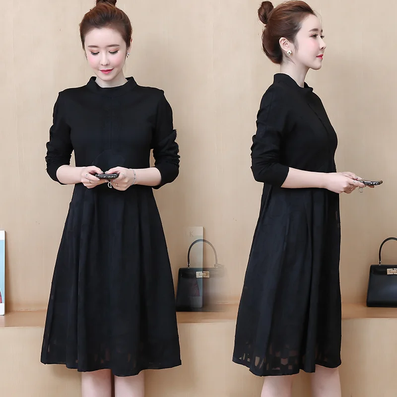 

Large Size Dress 2020 Spring New Style Western Style Black Long Sleeves Knitted Lace Mock Two-Piece Mid-length Base Dress