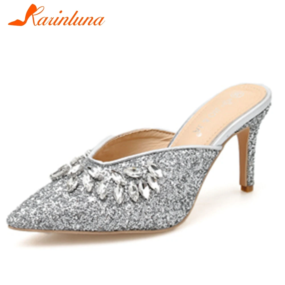 

KARINLUNA top quality BRAND Design pointed toe crystals Summer Women Mules Pumps SEXY Slip On thin High Heels Shoes Woman