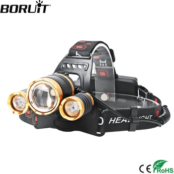

BORUiT RJ-3000 Gold T6 + 2*R2 LED Headlamp 4-Mode Zoom Headlight 18650 Rechargeable Waterproof Head Torch for Hunting Camping