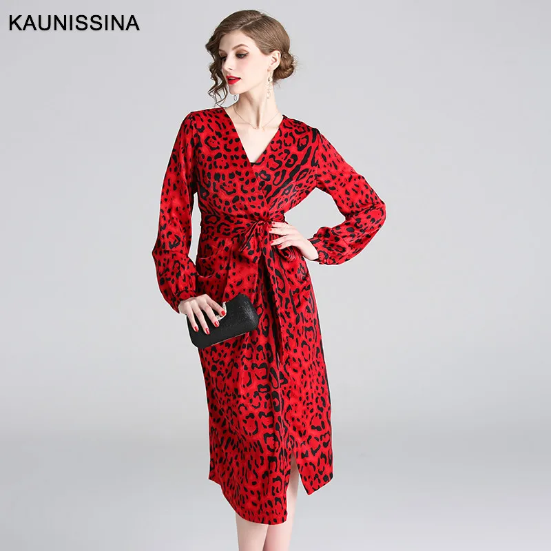 Винтажные коктейльные платья KAUNISSINA красные леопардовые вечерние длиной до